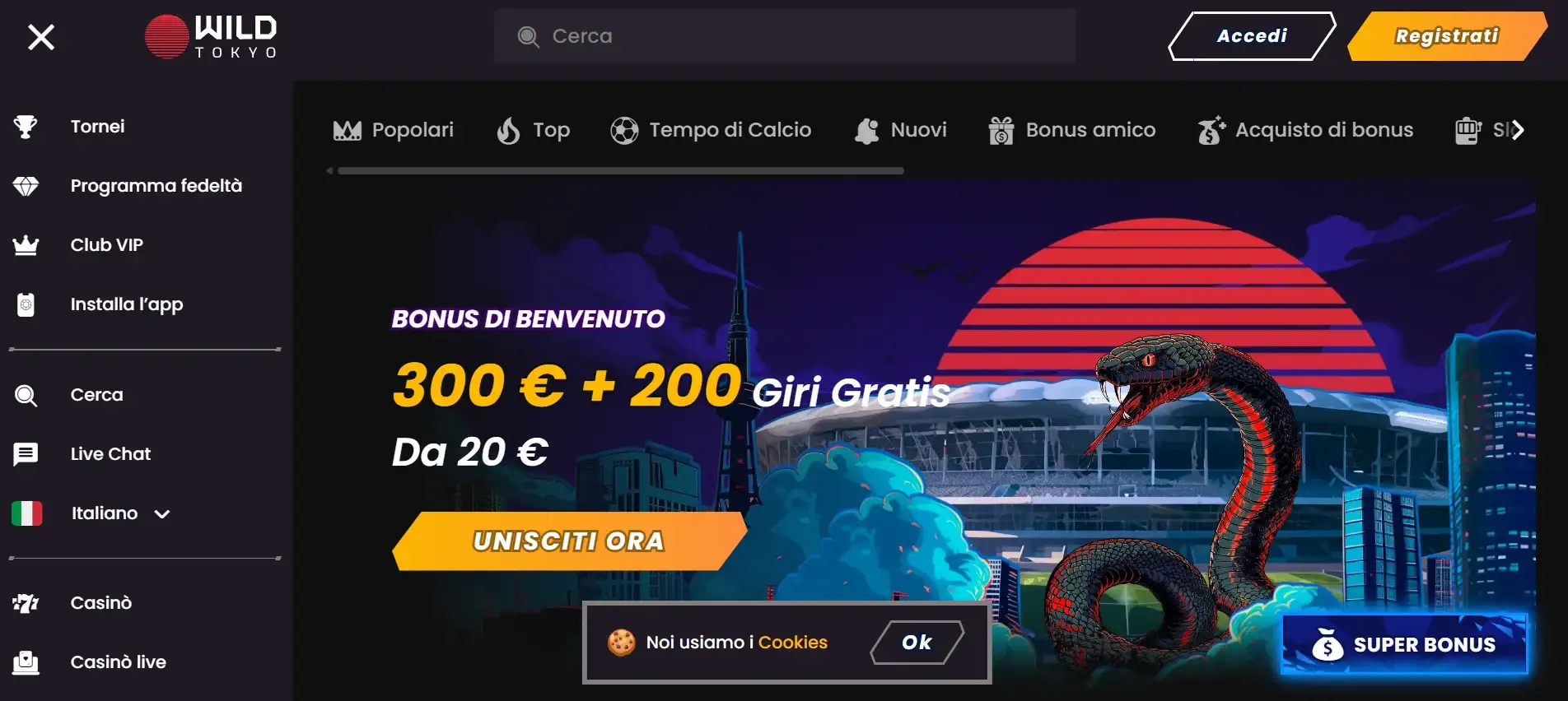 Wild Tokyo Casino interfaccia e bonus di benvenuto